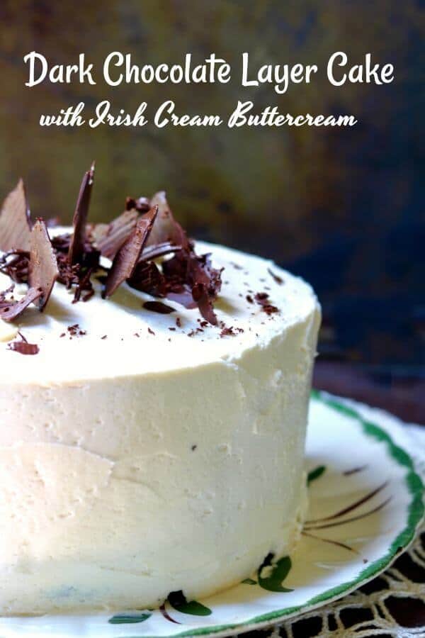 Tender dark chocolate layer cake recipe with Irish Cream buttercream is full of rich flavor. Tips for successful layer cakes, too! From RestlessChipotle.com