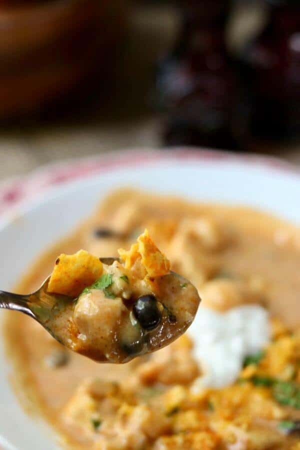 Spoonful of chicken enchilada soup full of black beans, tortilla chips, and hominy.