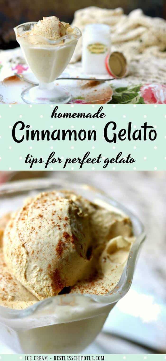 Homemade cinnamon gelato recipe is indulgently smooth, creamy, and bursting with an intense cinnamon flavor that's delicious with apple pie or by itself. So easy to make! From RestlessChipotle.com