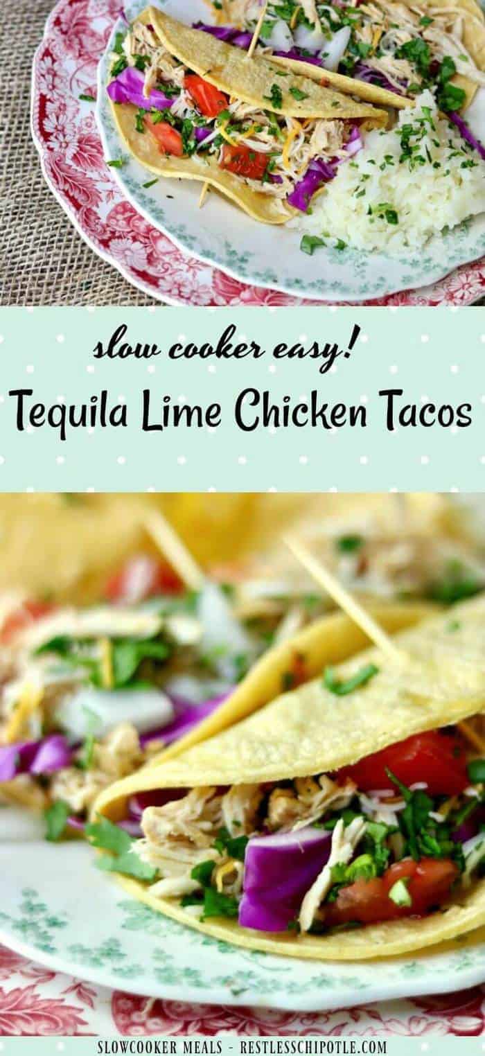 Slow cooker tequila lime chicken tacos is an easy Tex-Mex dinner recipe that cooks right in your crock pot all day long. Use chicken thighs or breast for a deliciously easy weeknight meal! Perfect for a weekend taco bar! From RestlessChipotle.com