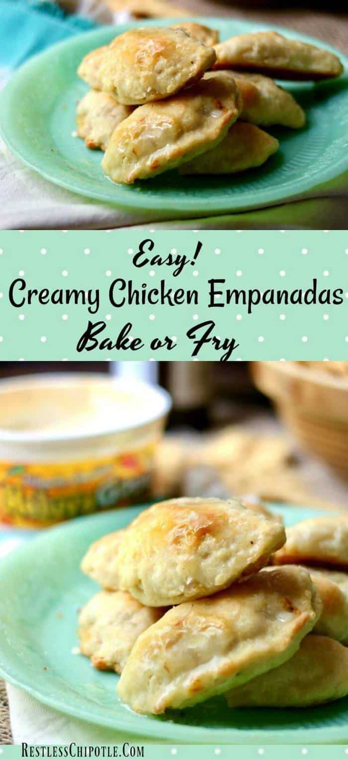 Easy chicken empanadas recipe makes these quick game day snacks that you can either bake or fry. This empanadas recipe is filled with a creamy, spicy chicken and cheese mixture that's perfect football party food! From RestlessChipotle.com