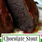 Glazed chocolate bundt cake with text overlay for Pinterest.