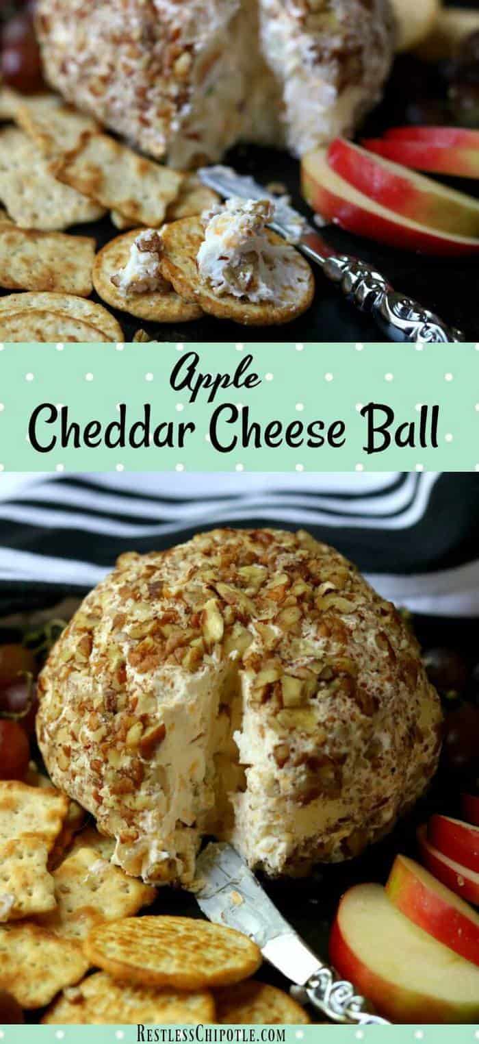 Easy apple cheddar cheese ball recipe is sumptuously full of fall flavors from tangy apple and maple to sharp cheddar and toasted pecans. Easy holiday appetizers! From RestlessChipotle.com