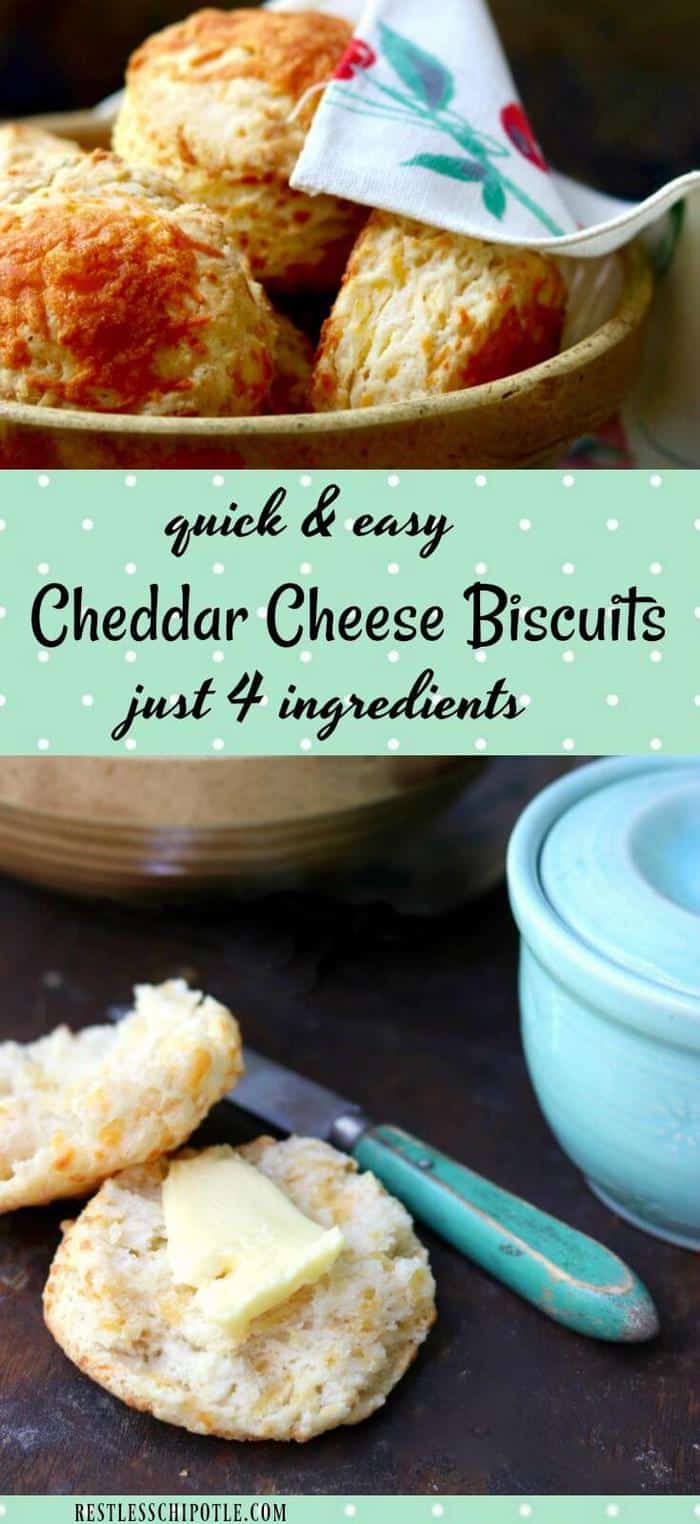 The easiest cheddar cheese biscuits recipe in the history of the world! 4 ingredients & 20 minutes for big, fluffy homemade biscuits full of gooey, cheesy goodness! So good with a couple of sliced of bacon and a fried egg! From RestlessChipotle.com