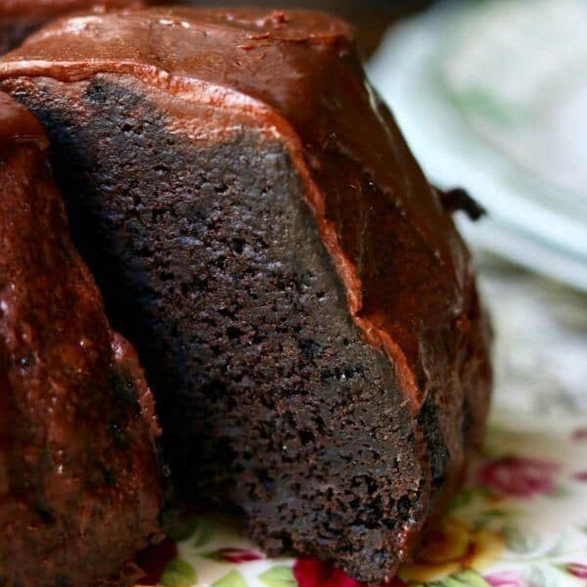 Closeup of a chocolate stout cake slice.