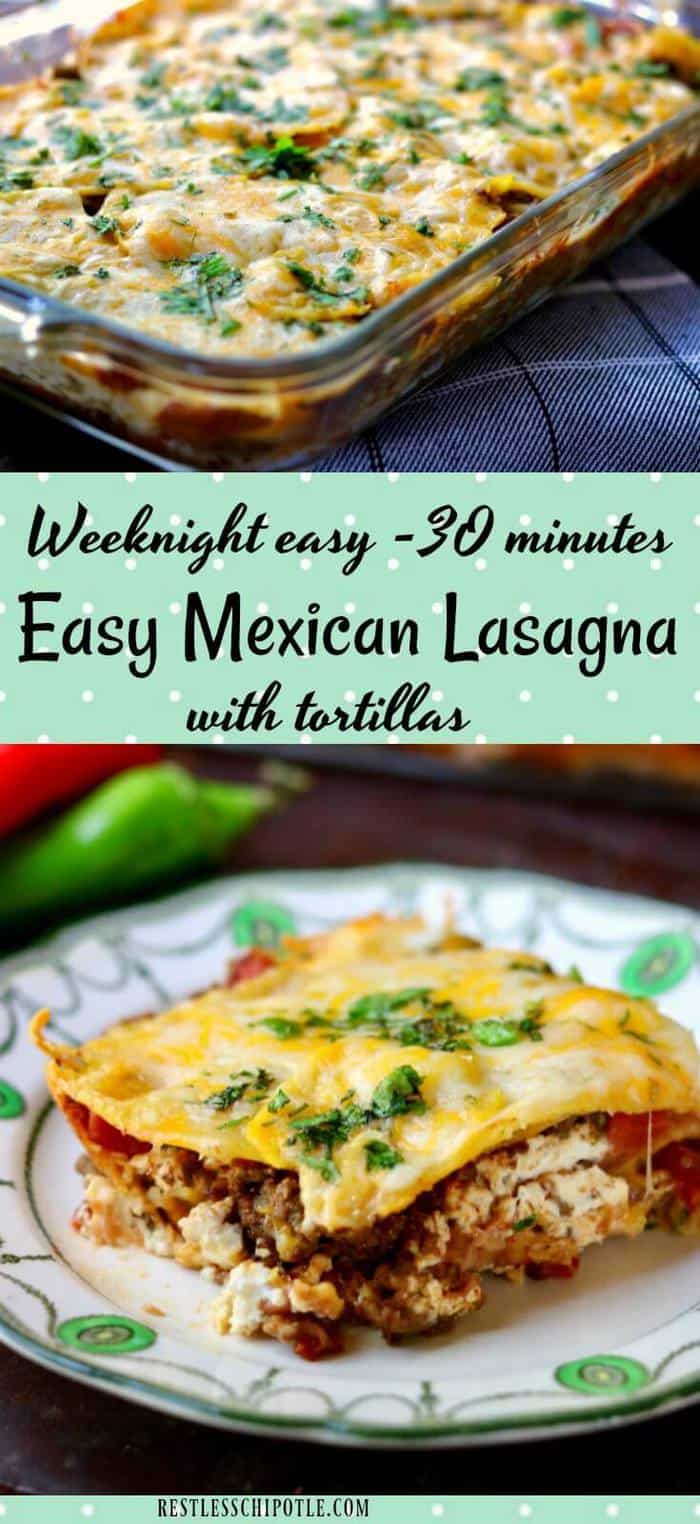 Easy Mexican lasagna recipe made with tortillas is gooey and cheesy - the perfect mixture of Italian and Tex-Mex in a quick casserole. Done in 30 minutes for an easy weeknight dinner. Freezer friendly.