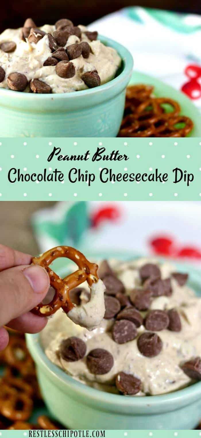 Creamy peanut butter chocolate chip cheesecake dip recipe takes just minutes to make! Love salty-sweet combinations? This is the game day snack for you! #Choctoberfest