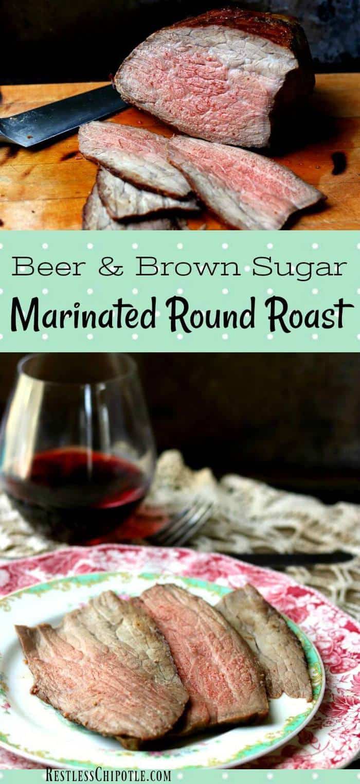 Tender beef round roast is marinated in a mixture of beer, brown sugar, and dijon mustard for 12 hours then roasted in a slow oven until it\'s just right. Tender and delicious - leftovers are great for roast beef sandwiches #certifiedangusbeef #beefroastmarinade #bestroastbeef from RestlessChipotle.com