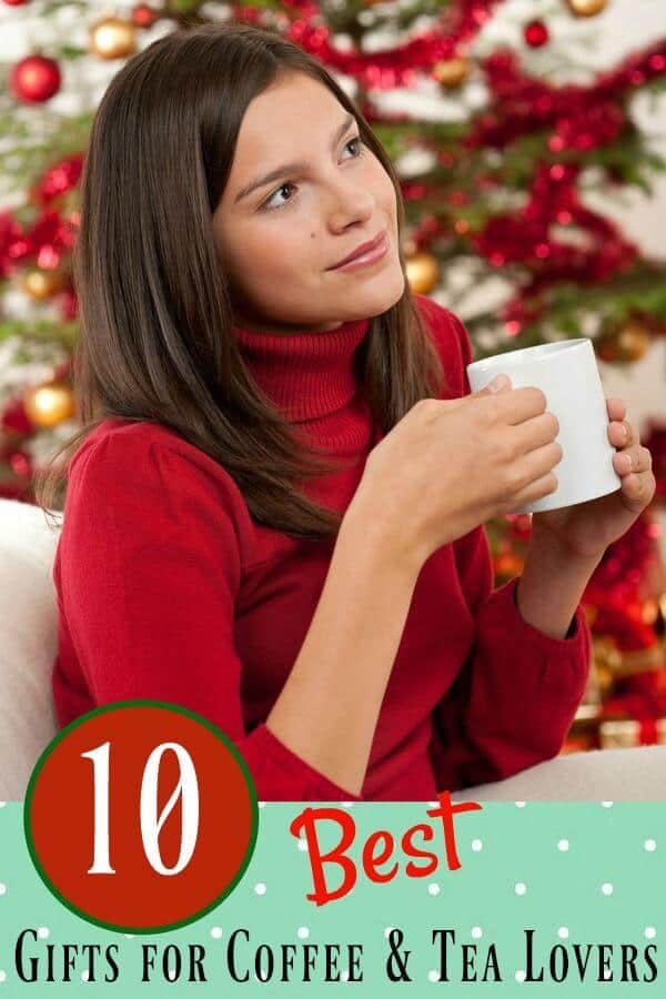 image of a woman in a red sweater with coffee in front of a Christmas tree. Best gifts for coffee lovers -Title image for article