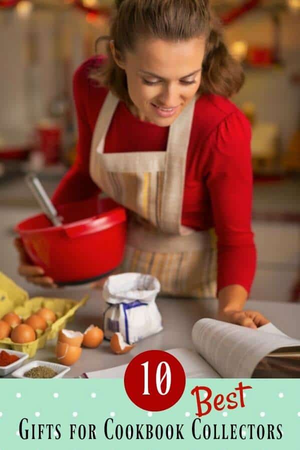 woman in an apron holding a red mixing bowl and looking at a cookbook. Eggs are to the left - title image for best gifts for cookbook collectors