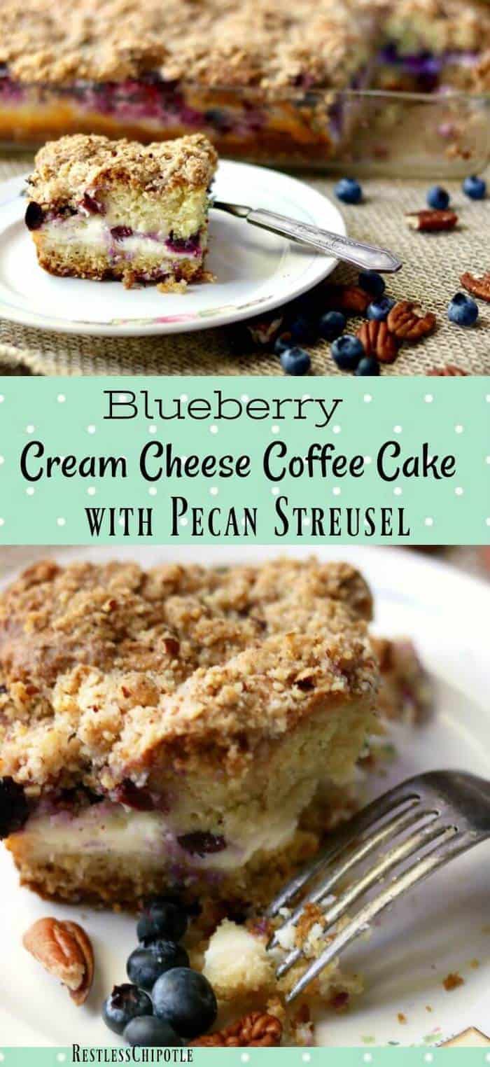 Buttery blueberry cream cheese coffee cake recipe is perfect for holiday brunches.Layers of tender cake, blueberries, and cream cheese are topped with a pecan streusel crumble. #coffeecake #brunch #blueberries From RestlessChipotle.com