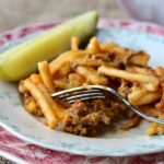Serving of easy cheeseburger pasta skillet on a vintage plate