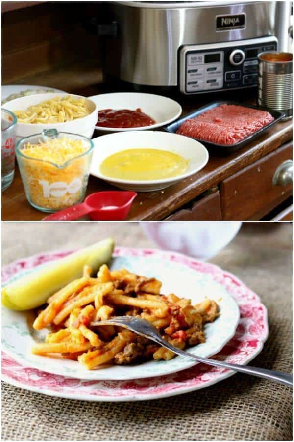 Collage- top image of ingredients to make the cheeseburger pasta skillet recipe and bottom image of the finished recipe.