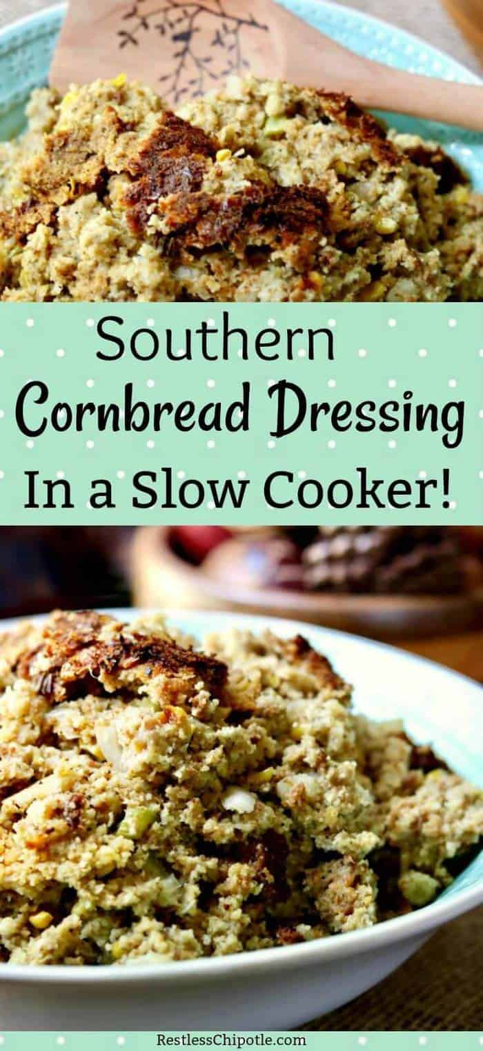 Southern Cornbread Dressing is an easy recipe with plenty of old fashioned flavor. It's the best recipe around because you make it in a slow cooker! Unbelievably light and fluffy - you've got to try this! From RestlessChipotle.com #dressing #southernrecipes #Thanksgiving #sidedishes #slowcooker