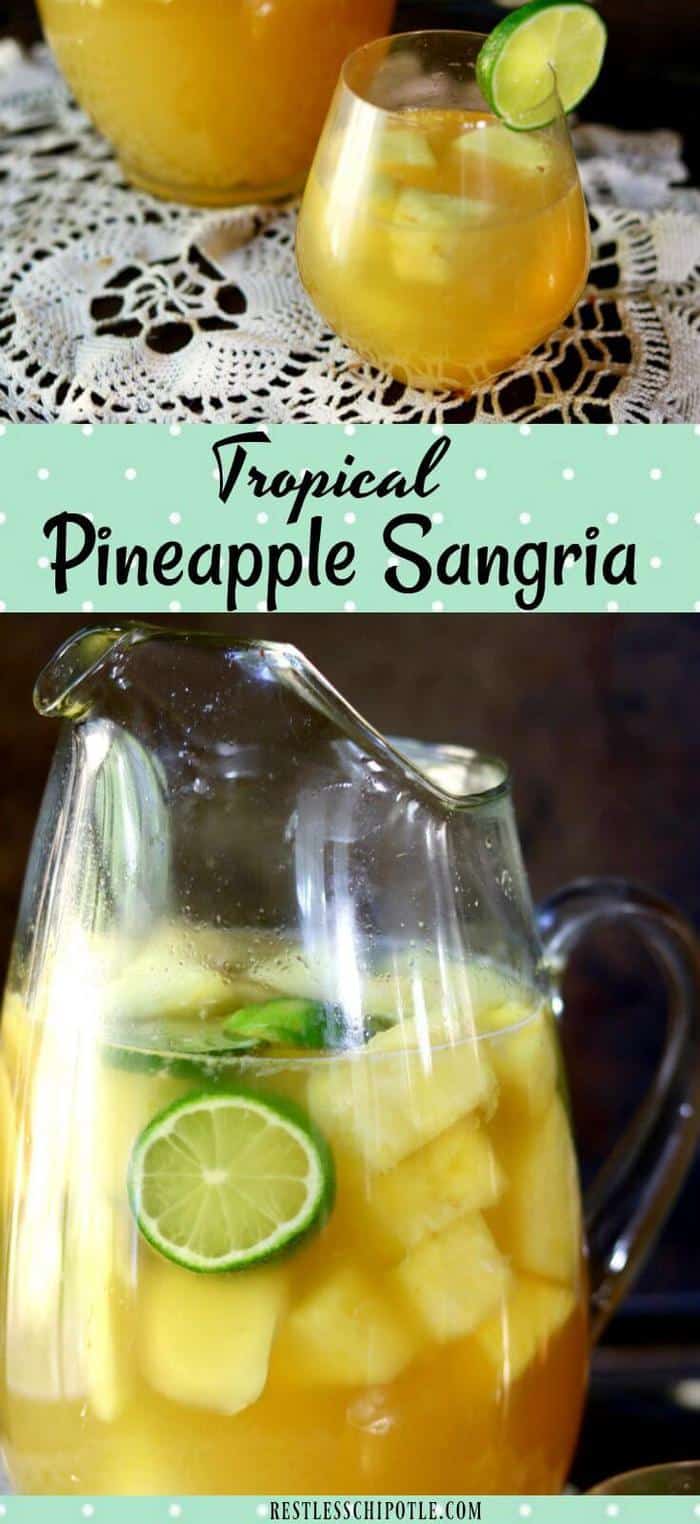 Tropical pineapple sangria is an easy cocktail with the sunny flavors of pineapple and coconut! So easy to make - plus tips for perfect sangria every time! #sangria #pineapplecocktails #rumcocktails #tropicalcocktails