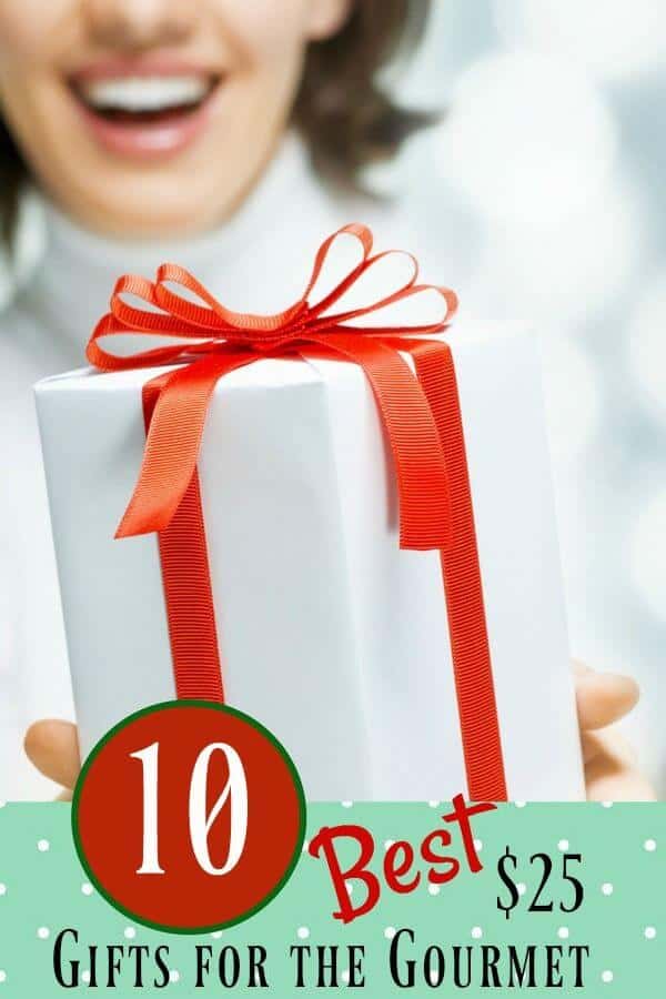 Woman holding white package with red bow - title 10 best gifts for the gourmet under $25