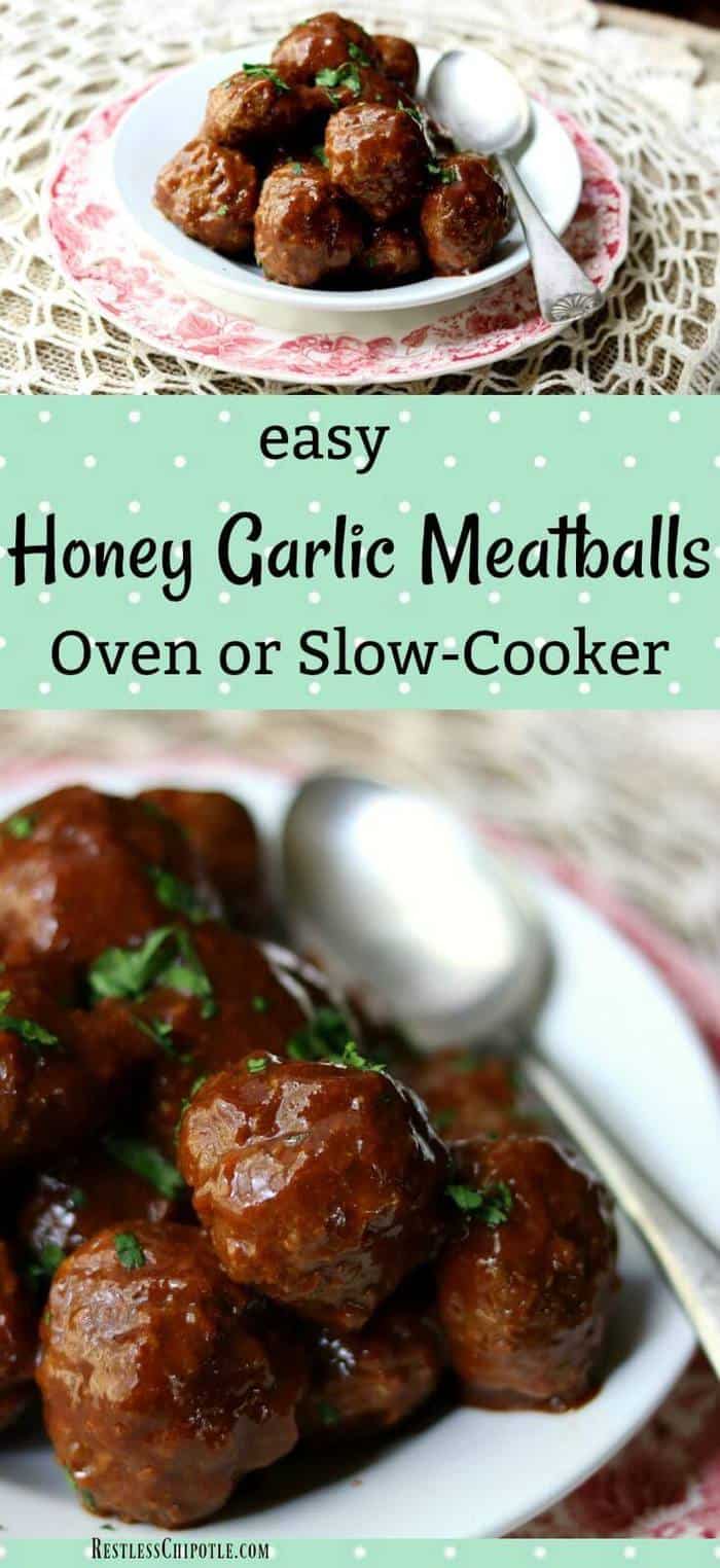 Easy honey garlic meatballs are baked in the oven so that the meatballs are tender and the sweet-tangy-spicy sauce forms a sticky glaze. Best recipe ever! from RestlessChipotle.com #appetizer #meatballs