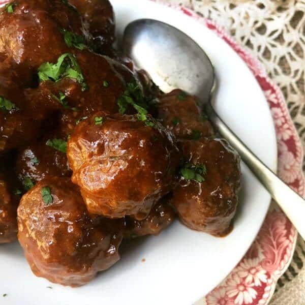 honey garlic meatballs image from above with spoon. recipe box square image