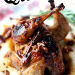 Whole, oven roasted quail on a plate with text overlay for Pinterest.