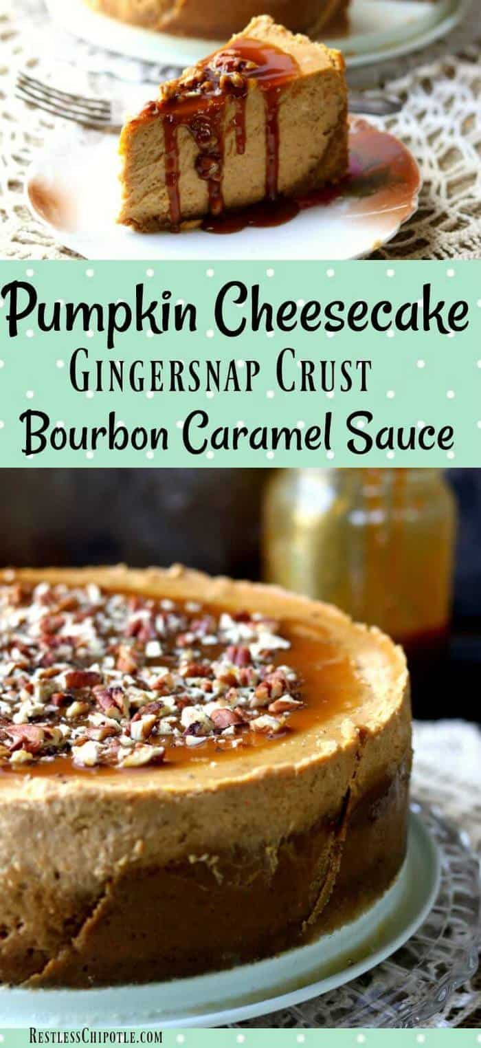 This pumpkin cheesecake with gingersnap crust recipe is pure decadence - rich and buttery caramel sauce (bourbon optional) and a sprinkling of toasty pecans. #Cheesecake #pumpkinspice