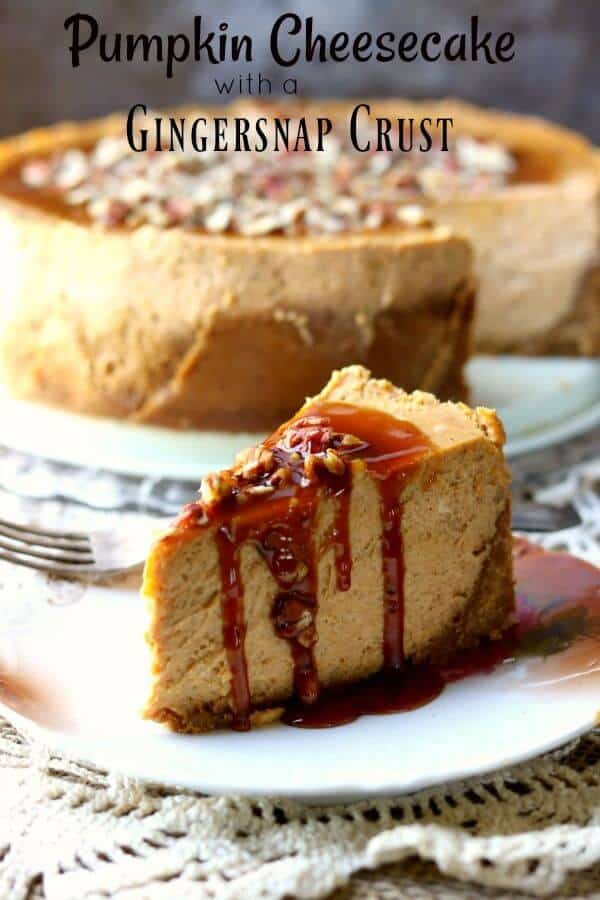 Title image pumpkin cheesecake with gingersnap crust - a slice of pumpkin cheesecake drips with caramel sauce