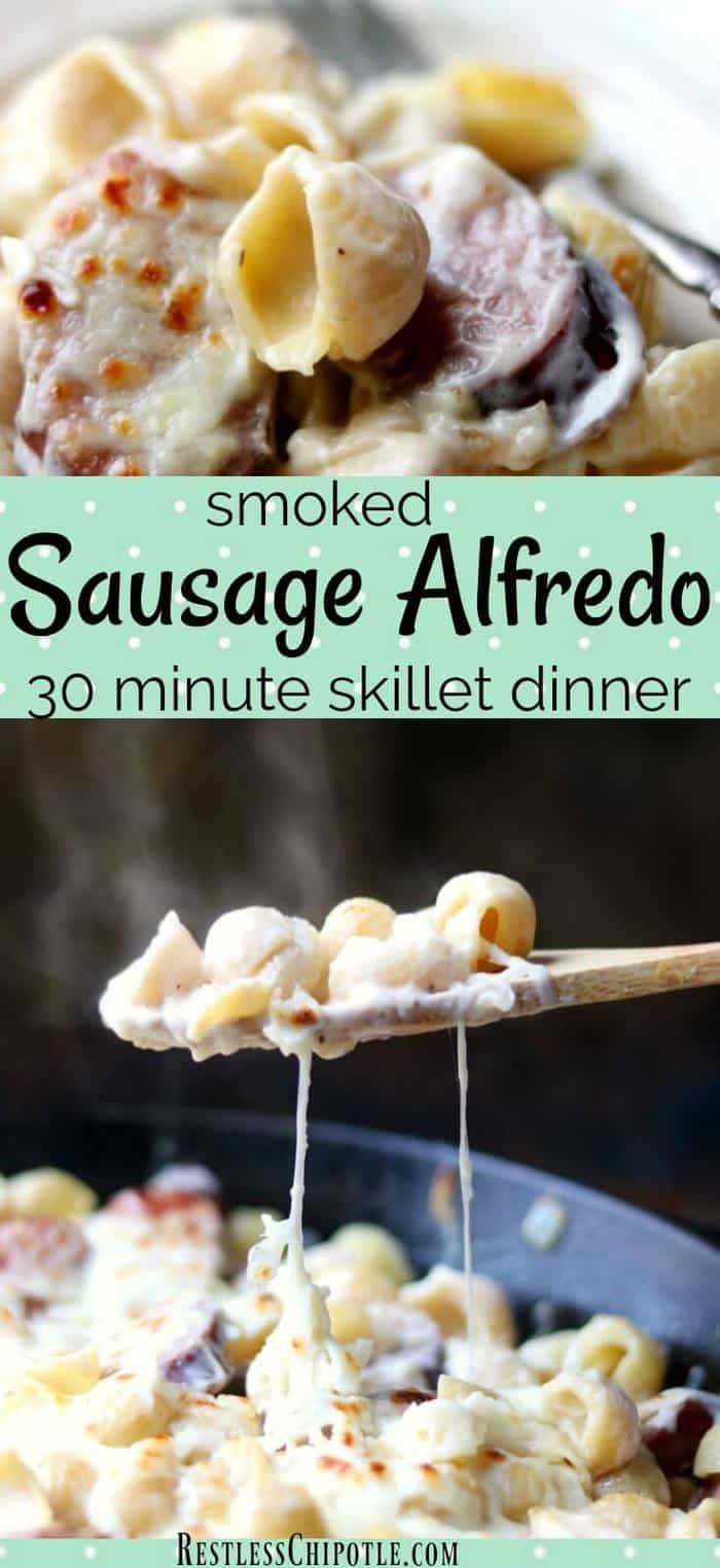 Sausage Alfredo skillet dinner! Tender pasta, smoky sausage, sweet caramelized onions are stirred into a creamy Alfredo sauce to create this easy dinner recipe! Shredded mozzarella cheese is sprinkled over the top and the dish is placed under a broiler to create a gooey, golden topping. 30 minute dinner! Family Friendly recipe. from RestlessChipotle.com #comfortfood #smokedsausage