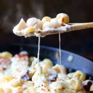 wooden spoon with a serving of Alfredo sausage on it steams as it is lifted from the skillet - recipe image