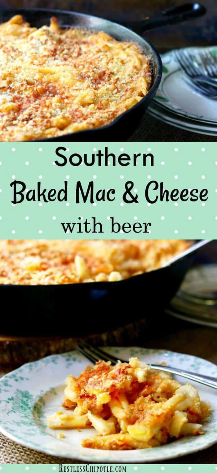 Southern baked macaroni and cheese with beer is creamy, gooey-cheesy with a crispy topping like the old fashioned mac and cheese recipe your kids love! from RestlessChipotle.com #southernmacaroniandcheese #bakedmacaroniandcheese #easymacaroniandcheese