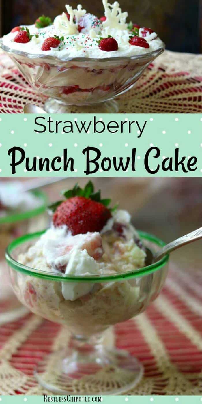 This strawberry punch bowl cake recipe is a classic Southern dessert. It's so quick and easy you won't want to wait for a special occasion to make it! A splash of tequila adds subtle flavor to the cake and a little sour cream in the whipped cream keeps it from being too sweet. You might know this traditional Southern recipe as strawberry trifle. #strawberries #Southern #recipes