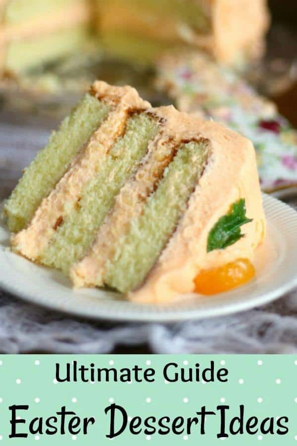 Ultimate guide to Easter dessert ideas title image with a slice of orange cake on a vintage plate and post title beneath.
