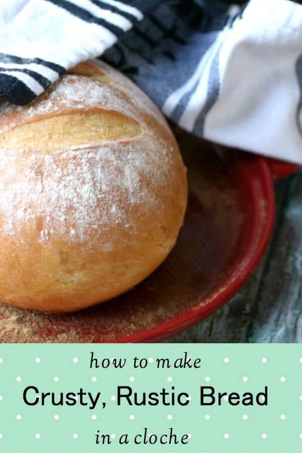 You'll love this easy recipe for rustic bread is made in a cloche. Baking in a cloche retains steam and gives the bread a European style texture and crispy crust. It's incredibly easy to do, even for a beginning bread baker. With just 5 ingredients plus water you'll be baking up delicious bread in no time! #homemadebread #artisanbread