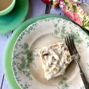 White Texas sheet cake with a cup of coffee Square image for recipe