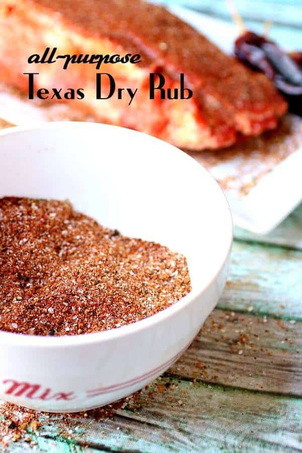 A bowl of dry rub mixture with a steak in the background - title text overlay.
