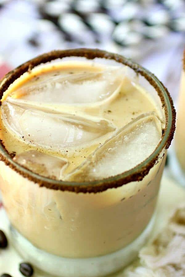 Closeup view of the iced coffee cocktail.