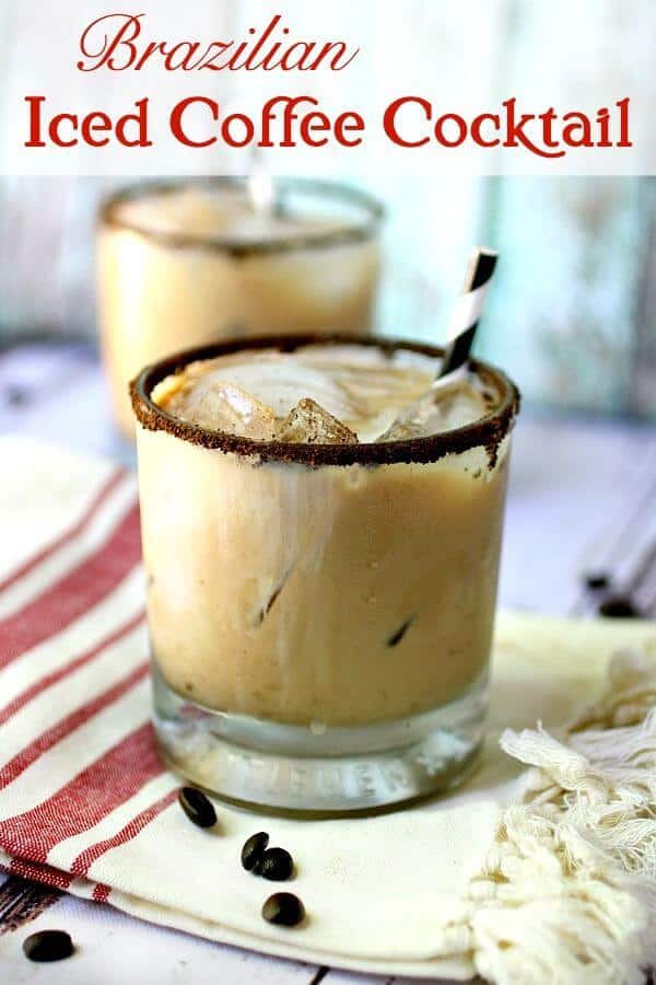 Two glasses rimmed in ground coffee beans are filled with creamy Brazilian Iced Coffee Cocktail - Title IMage