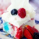 small square closeup of jello poke cake for the recipe card