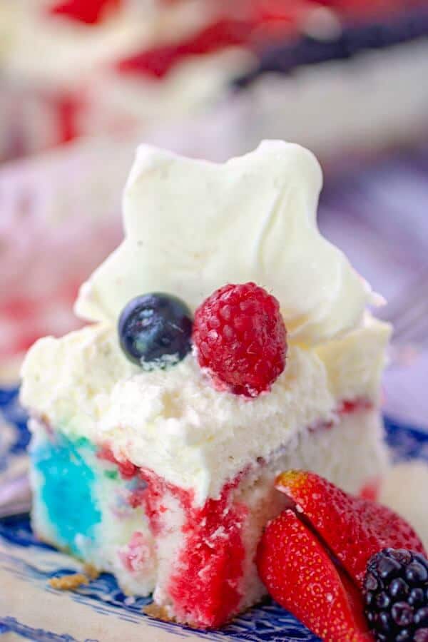 Close up of the red white and blue Jello Poke Cake