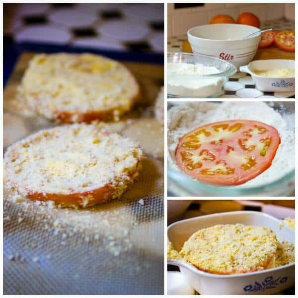 A collage of step by step images showing how to make fried green tomatoes.