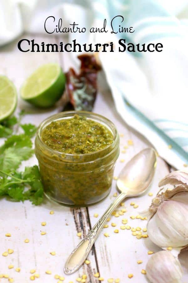 Chimichurri in a jar with chimichurri sauce recipe ingredients on the table - title image