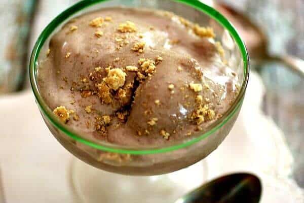 Closeup of brownie ice cream in a dish. Ice cream is melting and there are graham cracker crumbs sprinkled on to. Feature image.