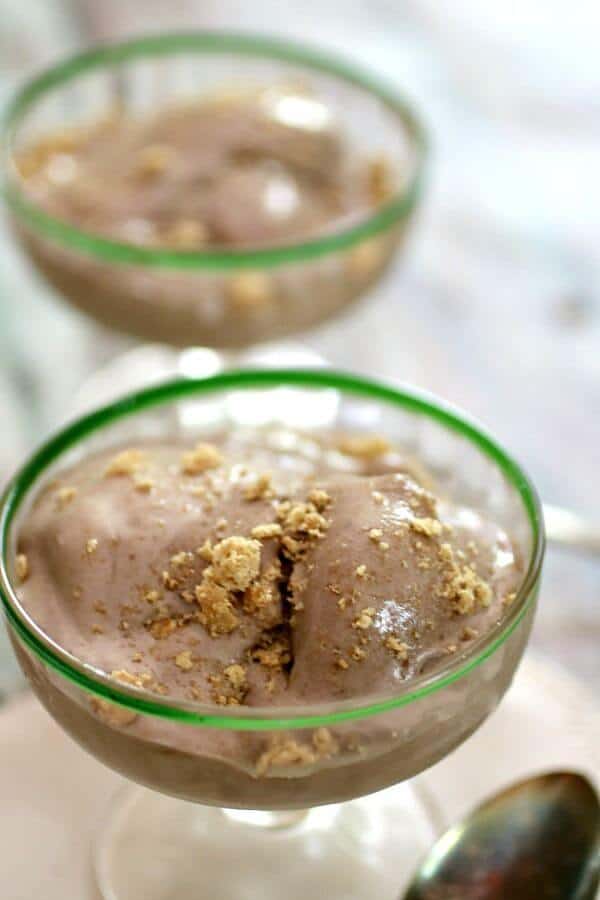 Closeup of a scoop of brownie batter ice cream melting in a vintage ice cream dish.