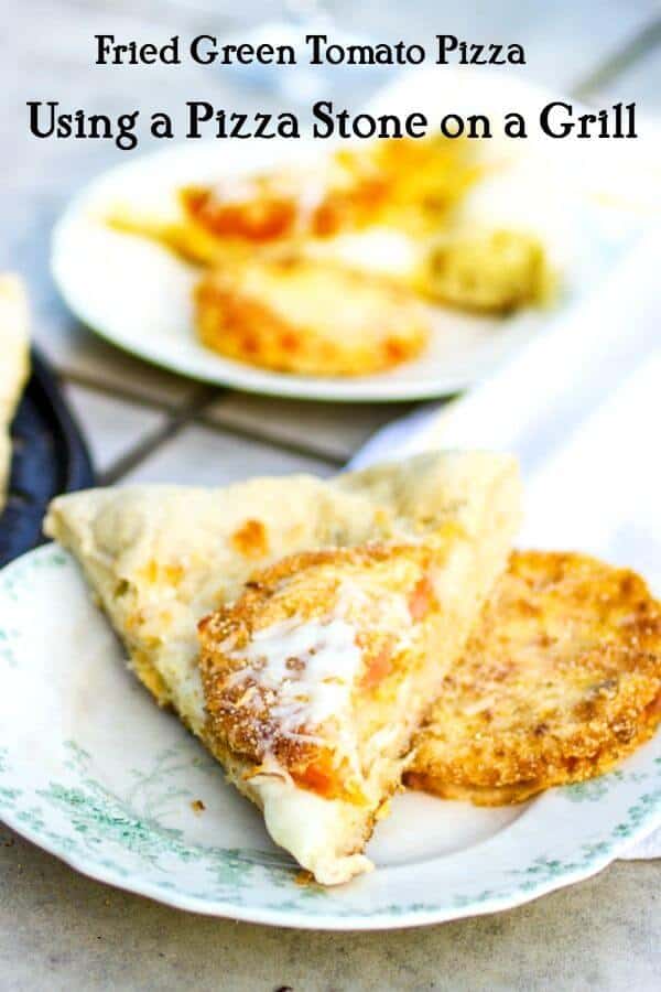 A slice of fried green tomato pizza made using a grill - on a vintage green and white plate. Title image