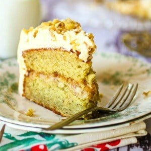 SLice of banana layer cake with walnut filling