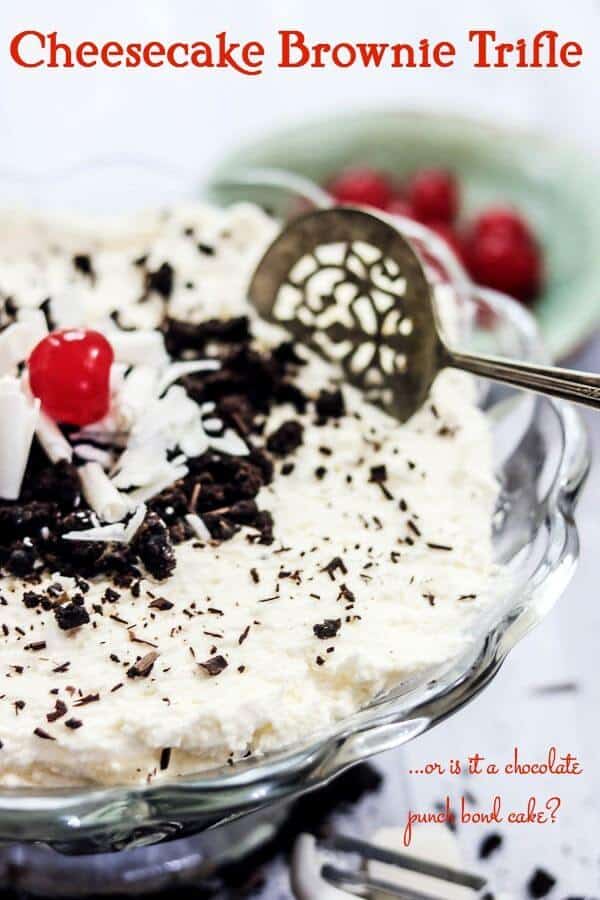 Top view of a chocolate trifle with a spoon scooping out a serving.
