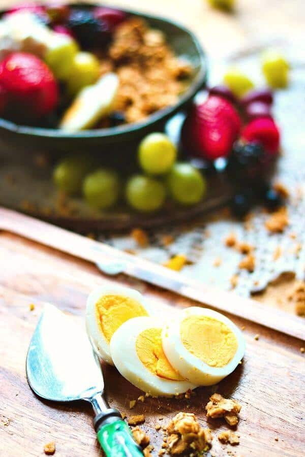 Close up of a sliced hardboiled egg for the breakfast bowl