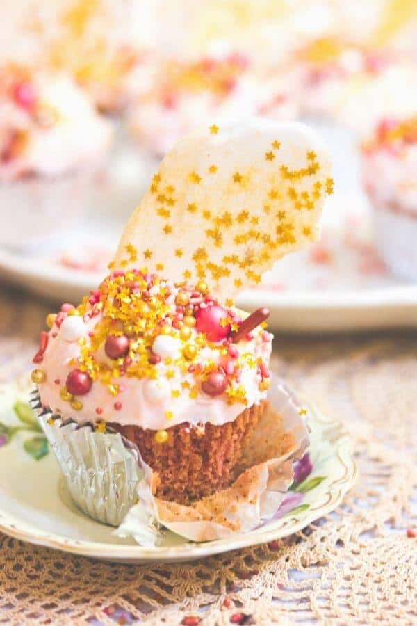 Closeup of rose gold velvet cupcakes showing the interior.