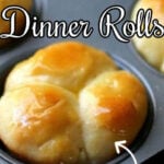 Golden brown cloverleaf rolls in a pan with text overlay for pinterest.