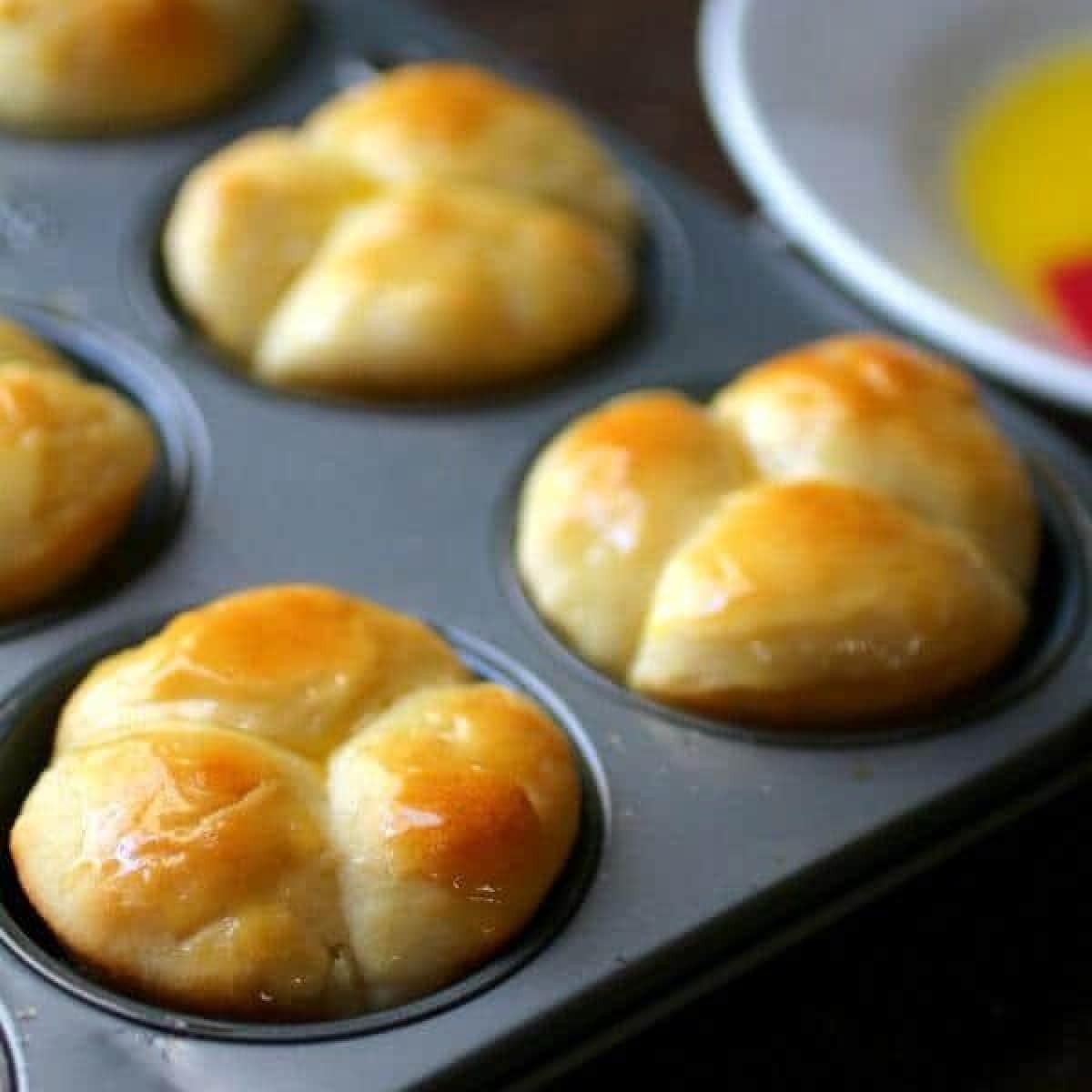 Freshly baked cloverleaf rolls in a muffin tin.