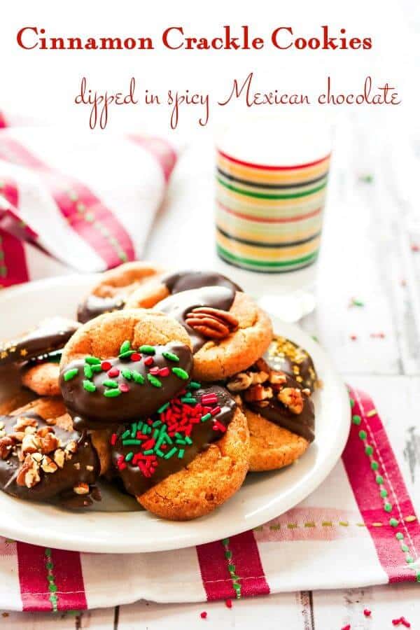 Decorated cinnamon crackle cookies dipped in chocolate on a white plate.