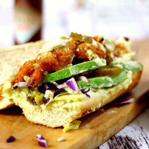 Closeup of fried shrimp po boy sandwich